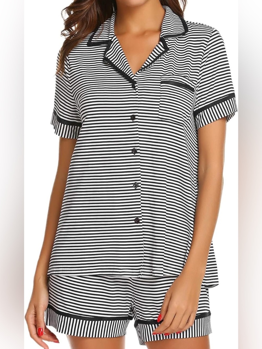 Ekouaer Striped Black & White Short-Sleeve Pajama Top - Women's Sleepwear